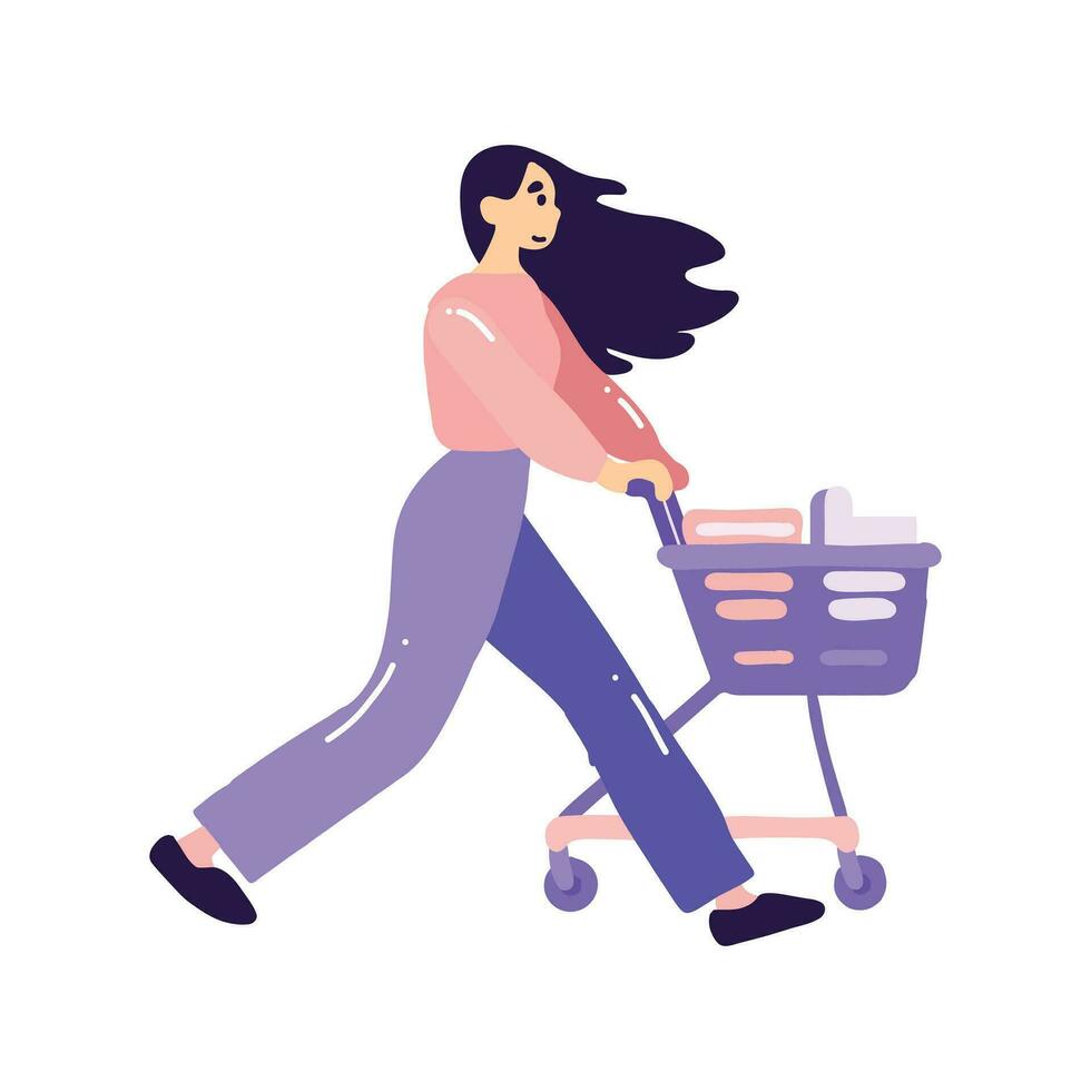 mano disegnato donna con shopping carrello nel piatto stile vettore