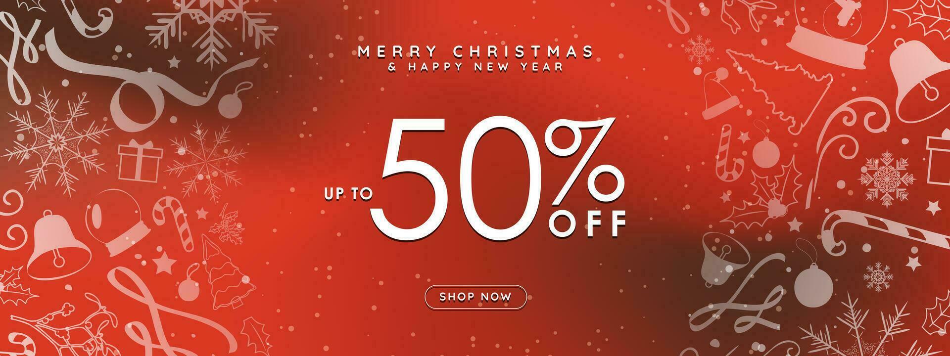 allegro Natale 50 vendita cartello rosso pendenza bandiera con Natale decorazioni. allegro Natale e contento nuovo anno sconto striscione. vettore illustrazione. eps 10.