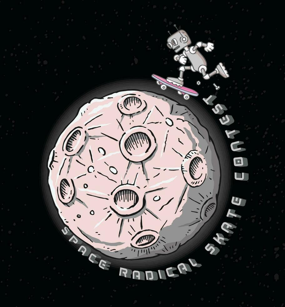 vettore, mano disegnato illustrazione di retrò robot equitazione un' skateboard su un' Luna. disegno nel cartone animato stile. vettore