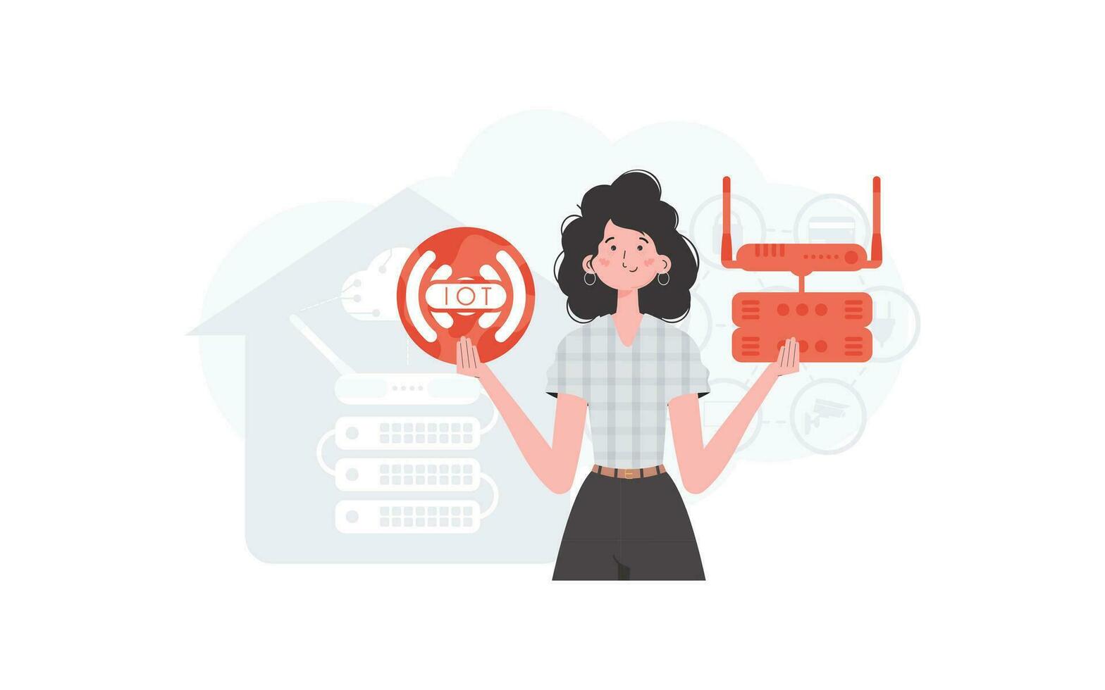 Internet di cose concetto. un' donna detiene il Internet di cose logo nel sua mani. router e server. bene per siti web e presentazioni. di moda piatto stile. vettore illustrazione.