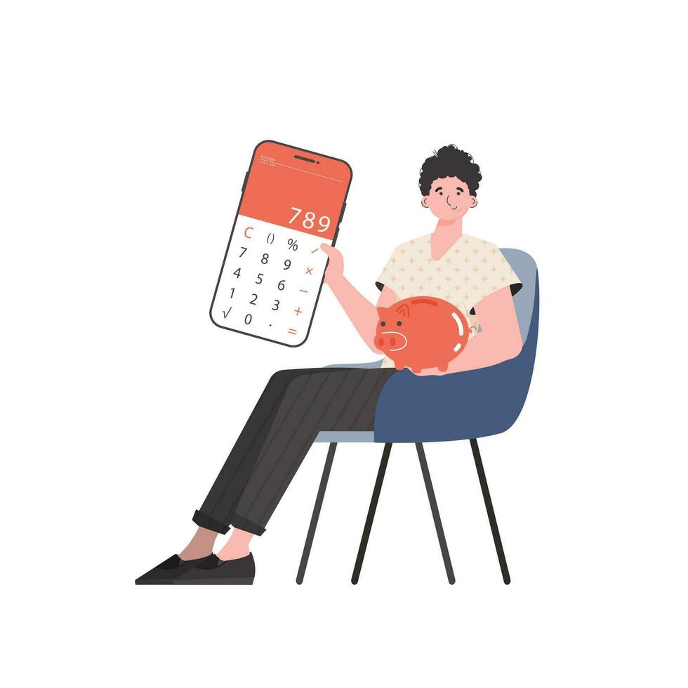 un' uomo si siede nel un' sedia e detiene un' calcolatrice e un' porcellino banca nel il suo mani. isolato su bianca sfondo. vettore illustrazione.
