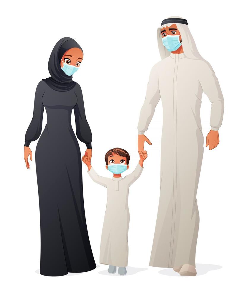 famiglia araba felice in maschere che si tengono per mano e che camminano illustrazione vettoriale dei cartoni animati