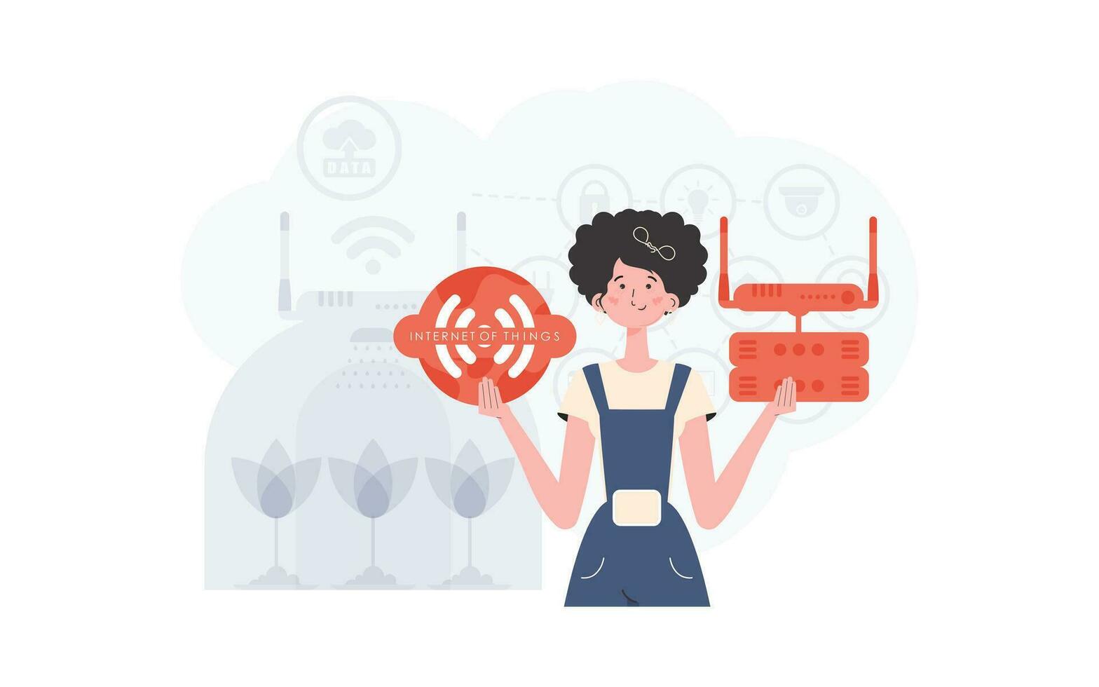 IoT concetto. un' donna è Tenere un Internet cosa icona nel sua mani. router e server. bene per siti web e presentazioni. di moda piatto stile. vettore illustrazione.