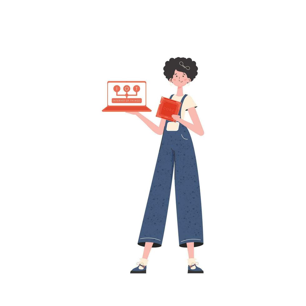 un' donna detiene un' il computer portatile e un' processore patata fritta nel sua mani. IoT e automazione concetto. isolato. vettore illustrazione nel piatto stile.
