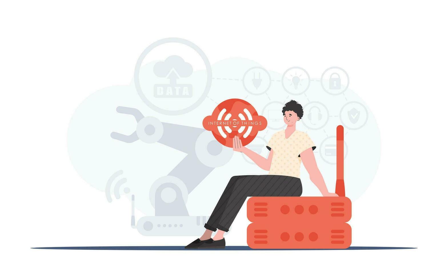 IoT concetto. un' uomo detiene il Internet di cose logo nel sua mani. router e server. bene per presentazioni e siti web. vettore illustrazione nel di moda piatto stile.