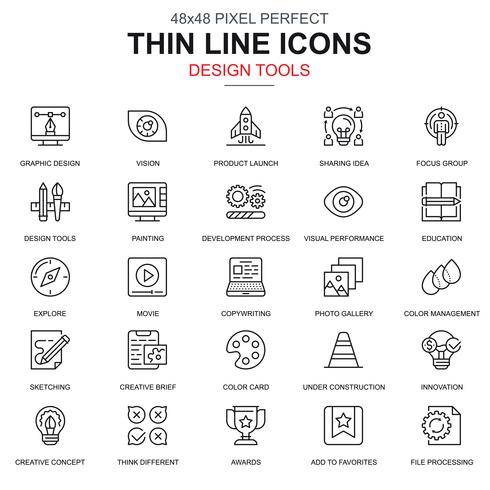 Set di icone di strumenti di design, arte e media di linea sottile vettore