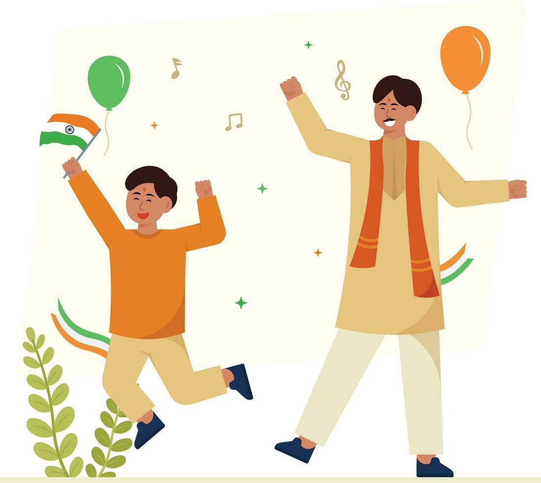 indiano famiglia contento e danza su indipendenza giorno illustrazione vettore