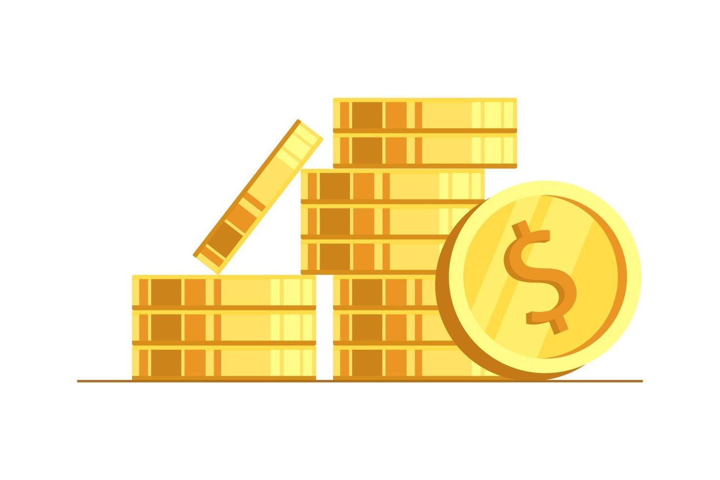 pila di monete d'oro con moneta di fronte ad essa illustrazione piatta vettoriale isolato su sfondo bianco. monete d'oro in stile cartone animato. bilancio utile, conto economico e cassa.