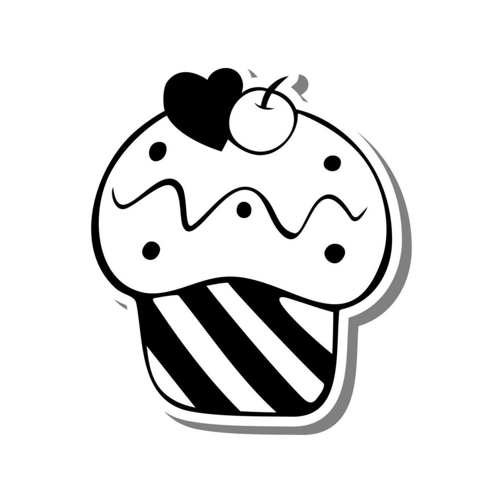 monocromatico Cupcake con cuore e ciliegia su bianca silhouette e grigio ombra. vettore illustrazione per decorazione o qualunque design.