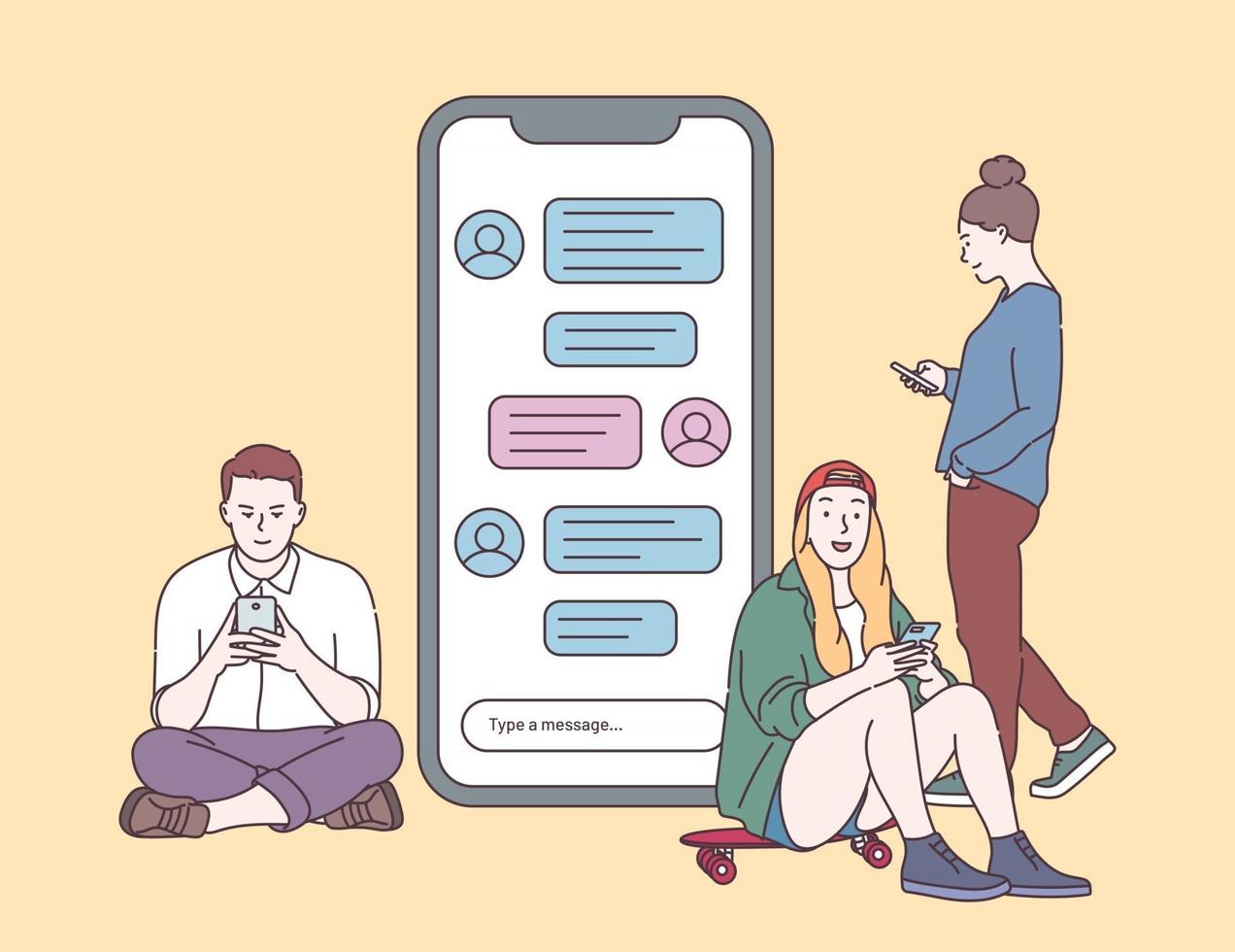 chat di gruppo messaggi di chat concetto di comunicazione online giovani che parlano digitando chat con telefoni piatto illustrazione vettoriale