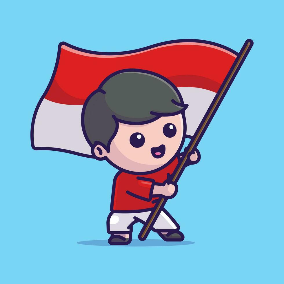 carino ragazzo rosso e bianca Tenere indonesiano bandiera cartone animato vettore illustrazione celebrare icona