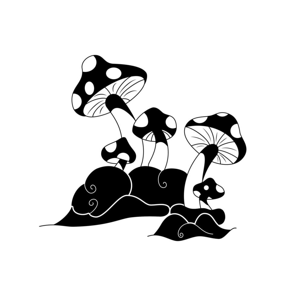nero e bianca funghi illustrazione. silhouette concetto. Usato per maglietta disegno, Stampa, capi di abbigliamento design vettore