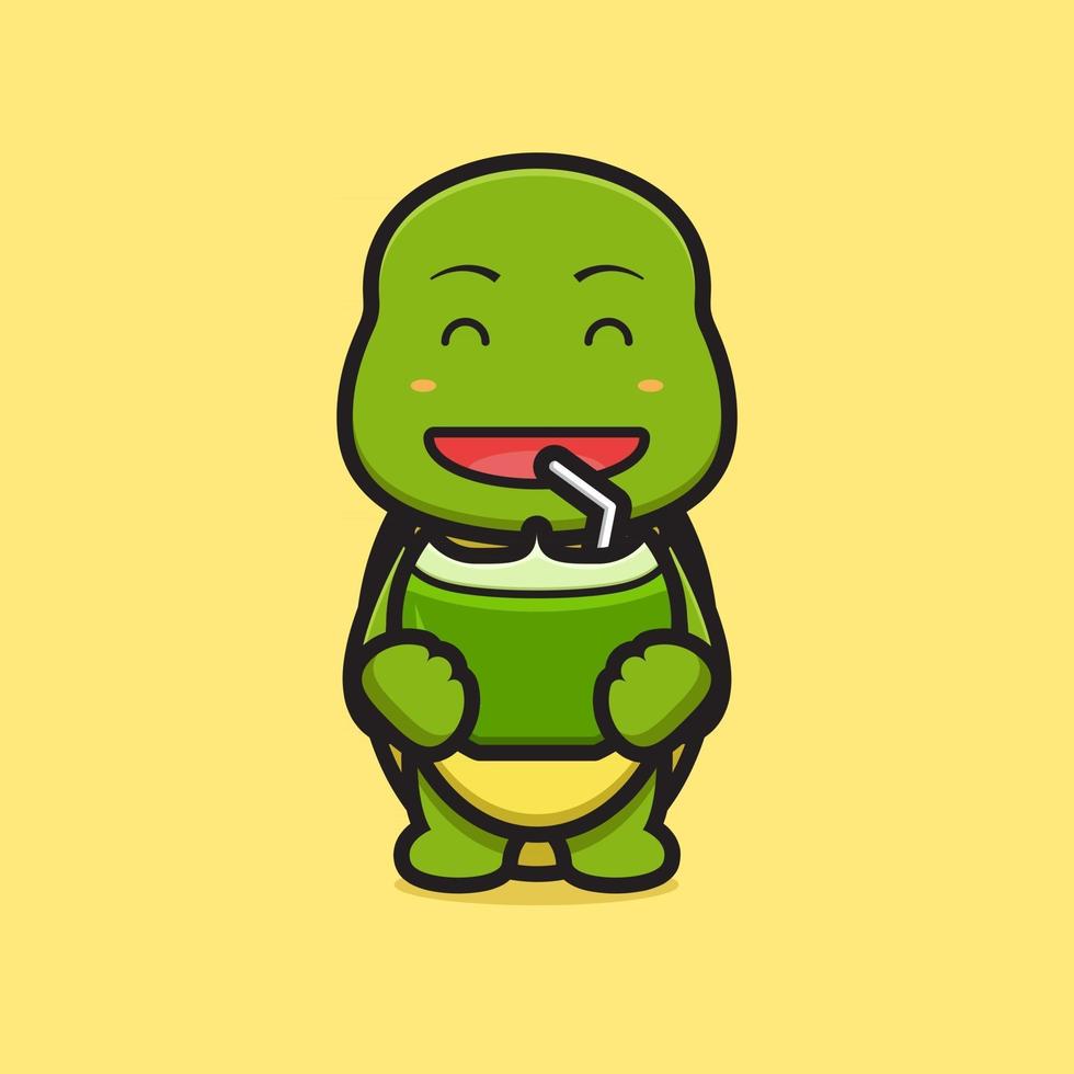 simpatico personaggio mascotte tartaruga bere cocco fumetto icona vettore illustrazione