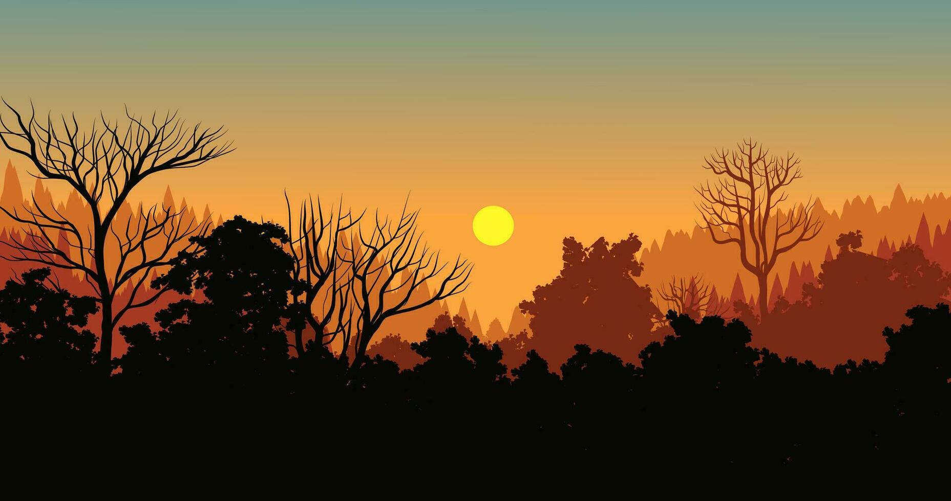 vettore illustrazione di bosco tramonto silhouette paesaggio