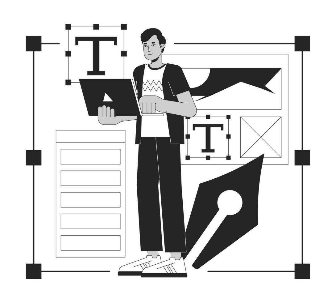 ragnatela progettista bw concetto vettore individuare illustrazione. libero professionista con il computer portatile seleziona font 2d cartone animato piatto linea monocromatico personaggio per ragnatela ui design. modificabile isolato schema eroe Immagine