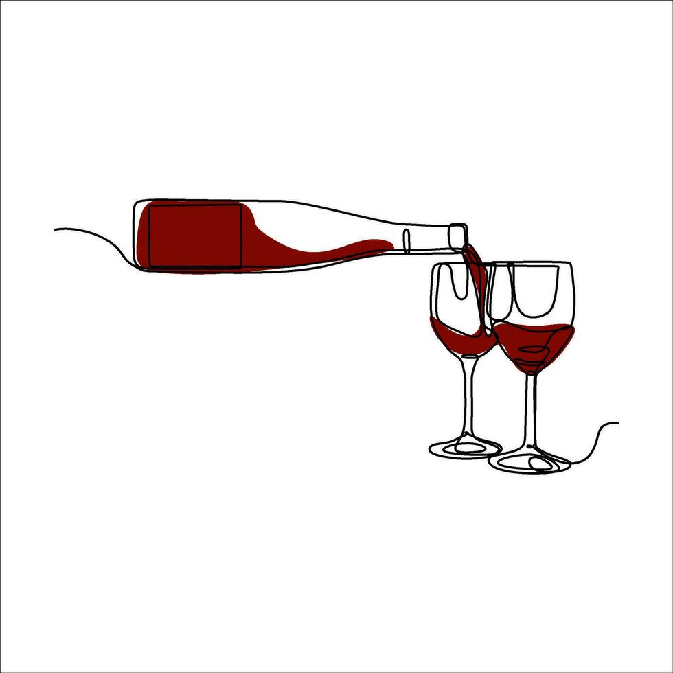 continuo linea disegno di vino bottiglia con bicchiere vettore