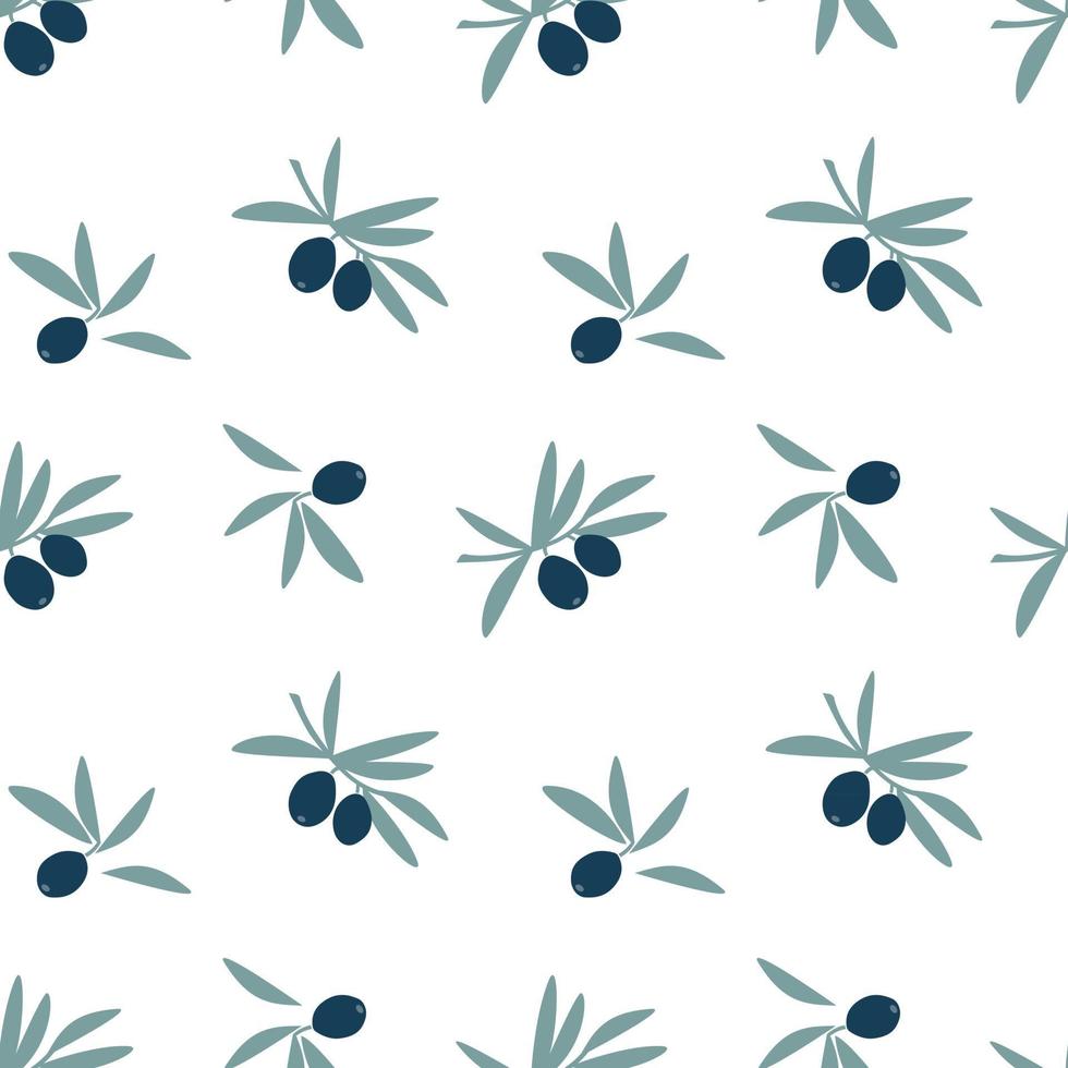 modello senza giunture di rami di olivo con foglia verde e olive di frutta isolati su sfondo bianco. illustrazione piatta vettoriale. design per tessuti, carta da parati, involucro, sfondo vettore