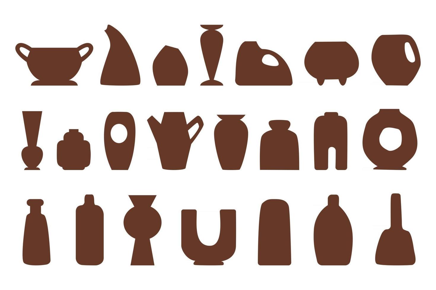 vasi in ceramica silhouette di varie forme raccolta isolati su sfondo bianco. illustrazione piatta vettoriale. design per modello, logo, carta, tessile, inviti, blog, festival, t-shirt vettore