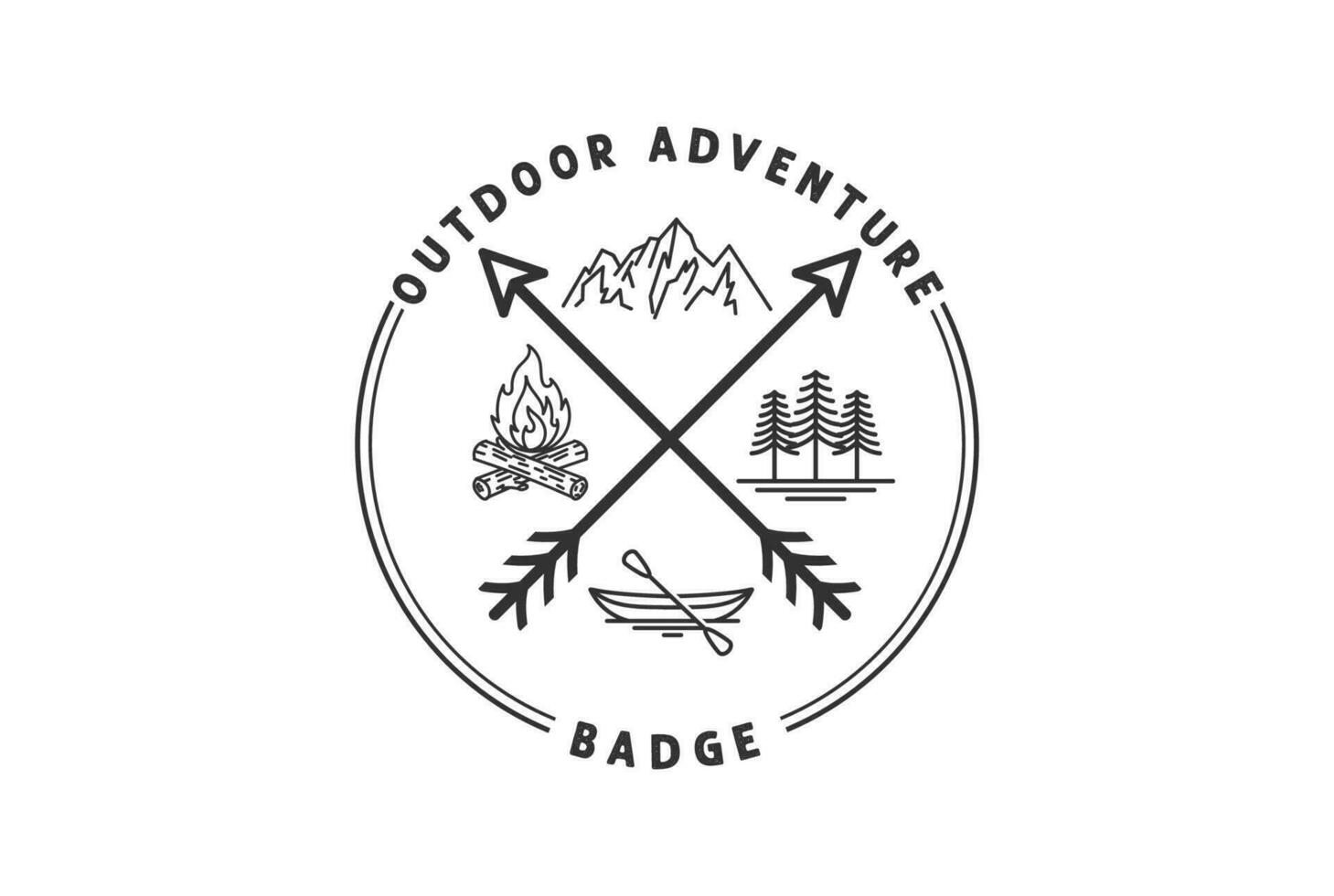 Vintage ▾ retrò attraversato punta di freccia con montagna falò barca e foresta per a caccia all'aperto avventura distintivo emblema vettore