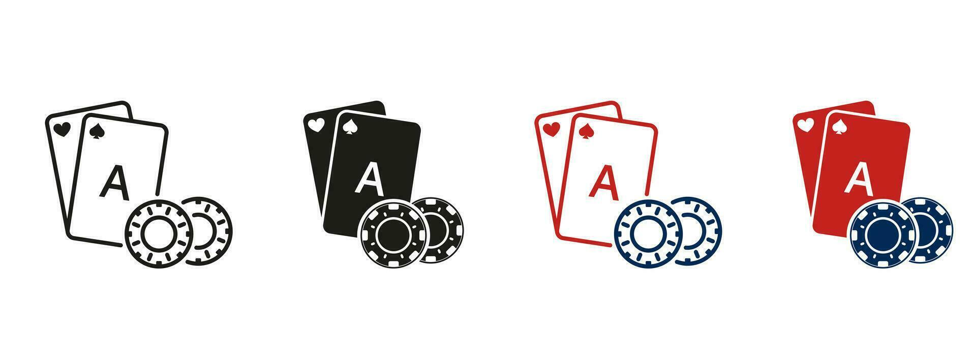 casinò roulette nel Las Vegas, giocare carta con poker patata fritta, linea e silhouette icona impostare. fortunato gioco d'azzardo, blackjack, ponte, poker cartello. giocare gioco simbolo collezione. isolato vettore illustrazione.