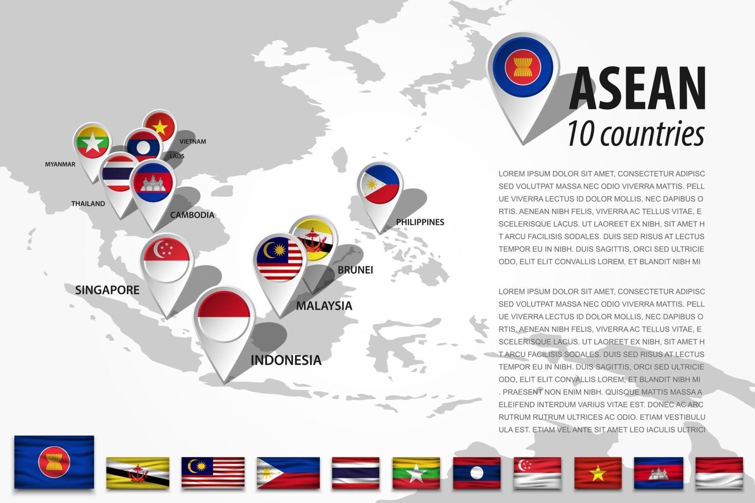 associazione asean delle nazioni del sud-est asiatico e perno di localizzazione del navigatore gps con bandiera del paese di appartenenza sulla mappa del mondo vettore. vettore