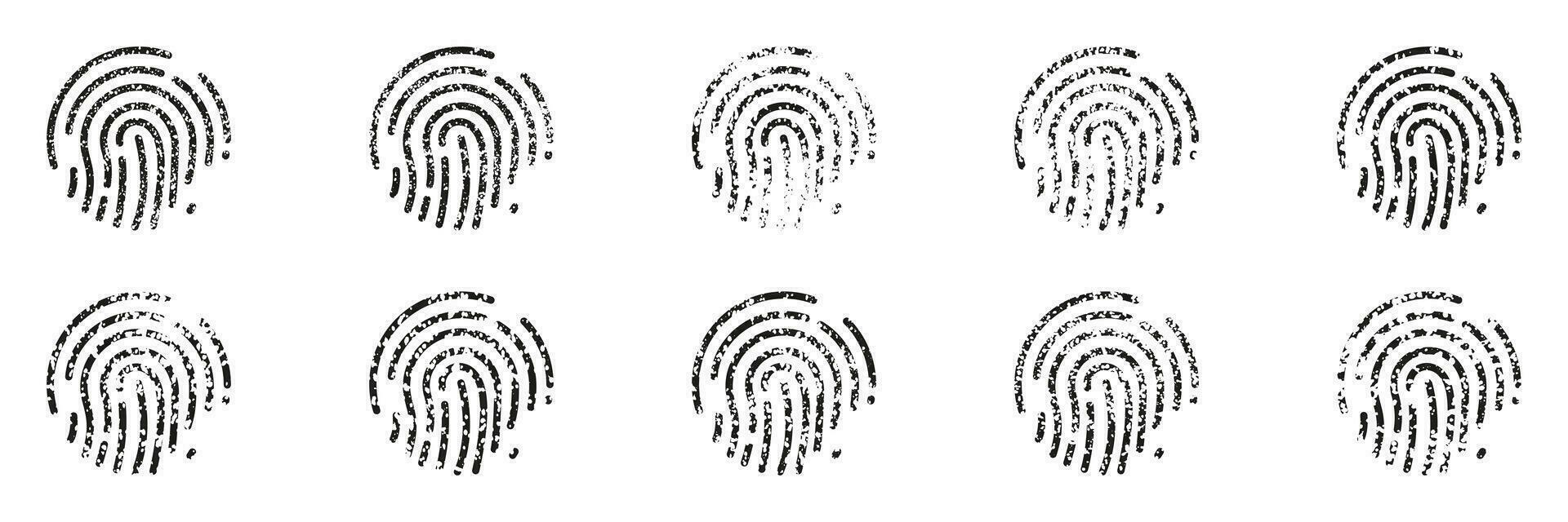 dito Stampa, identificazione personale silhouette icona impostare. biometrico identificazione pittogramma. id simbolo, scansione parola d'ordine. sicurezza, protezione. impronta digitale cartello. unico umano impronta. isolato vettore illustrazione.