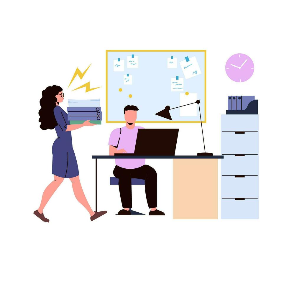 donna e uomo Lavorando nel ufficio piatto vettore illustrazione. lavoro di squadra e cooperazione concetto.