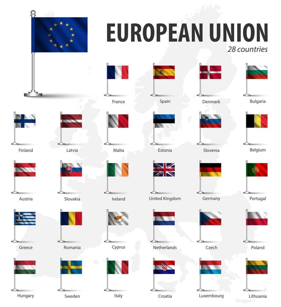 bandiera realistica dell'unione europea e dell'appartenenza con l'asta della bandiera sullo sfondo della mappa dell'europa. vettore