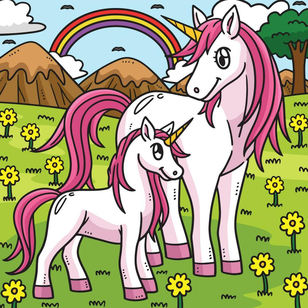 madre unicorno e bambino unicorno colorato cartone animato vettore