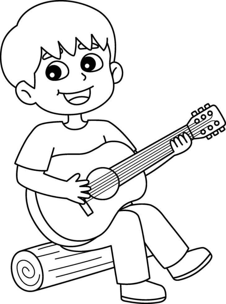 ragazzo giocando chitarra isolato colorazione pagina per bambini vettore