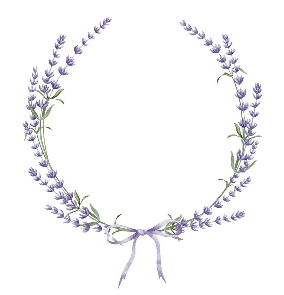 lavanda ghirlanda. mano disegnato acquerello illustrazione di il giro floreale telaio con viola nastro su bianca isolato sfondo per saluto carte o nozze inviti. modello per cartoline o logo vettore