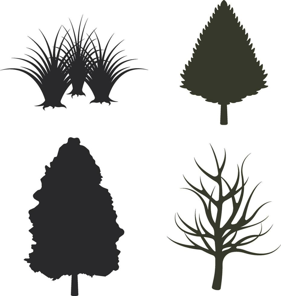 natura alberi silhouette. pino foreste e parchi di abete rosso e abete, conifero e deciduo alberi. vettore isolato natura retrò illustrazione impostato