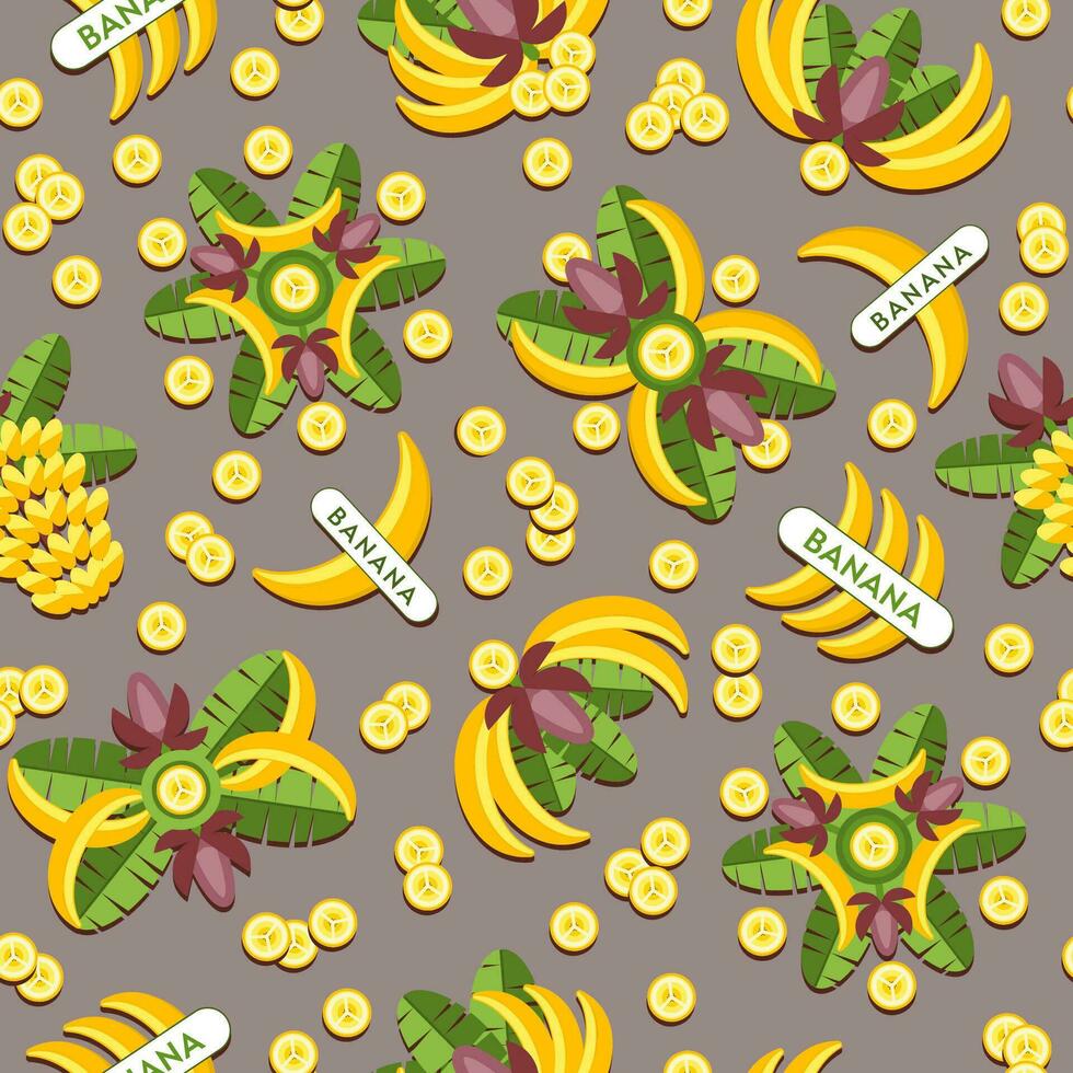 sfondo senza soluzione di continuità con banane, loghi, emblemi, distintivi con banane, fiori di banana, foglie, fette, mazzo di banane. buono per la decorazione di confezioni alimentari, confezioni. modello vettoriale