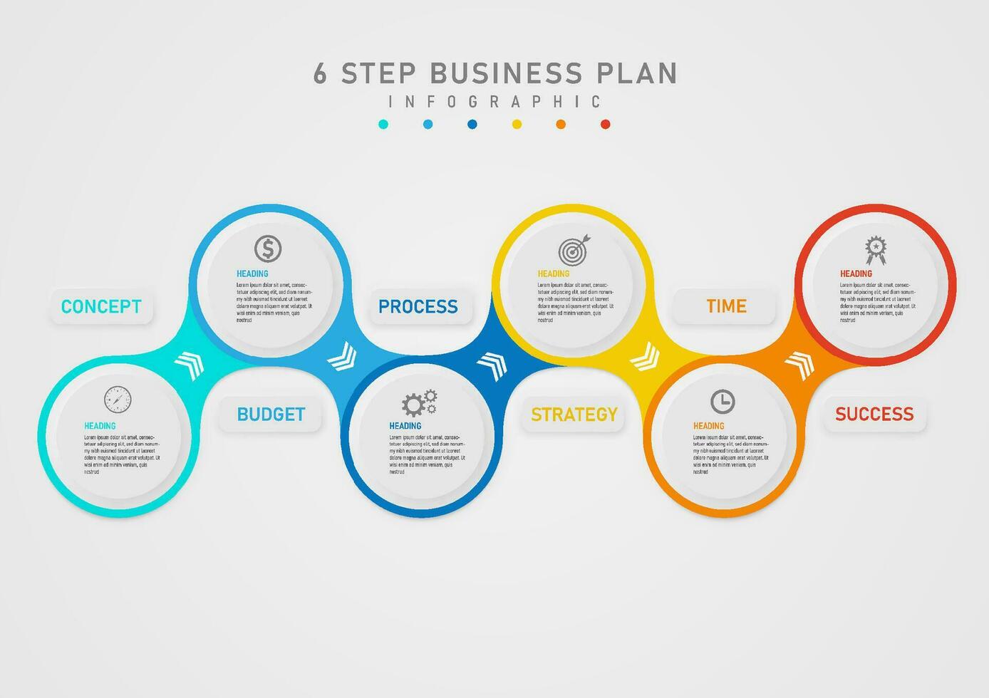 Infografica 6 passaggi per riuscito attività commerciale Piano Multi colorato metaballs foderato su il circolare pulsante nel il centro ha un icona con un' lettera. direzione freccia piazza pulsante e colorato lettere sopra. vettore