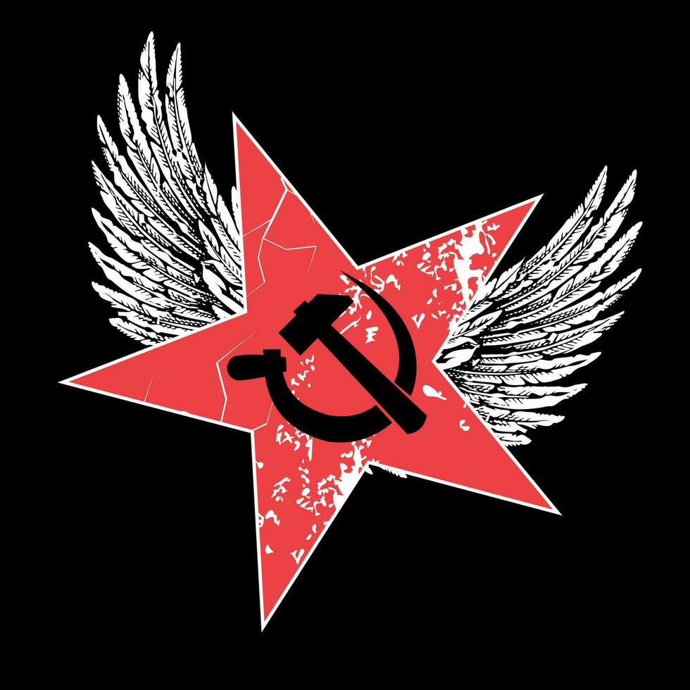 maglietta design di un' alato rosso stella con il simbolo di comunismo. vettore illustrazione di un' martello e falce per adesivi.
