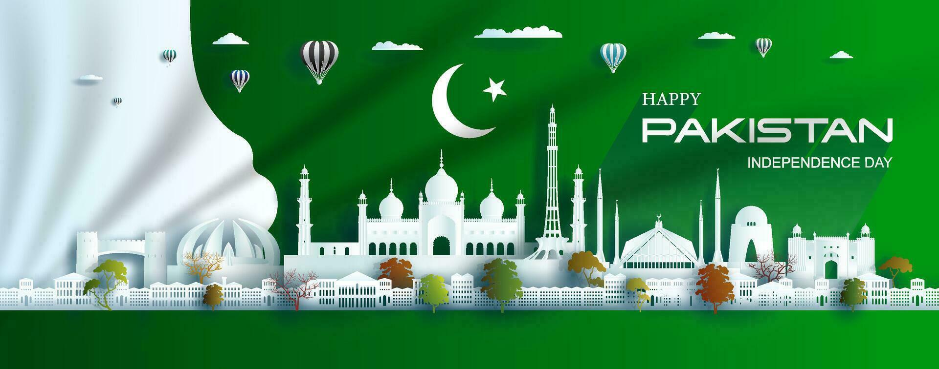 illustrazione anniversario celebrazione Pakistan giorno con verde bandiera sfondo. vettore