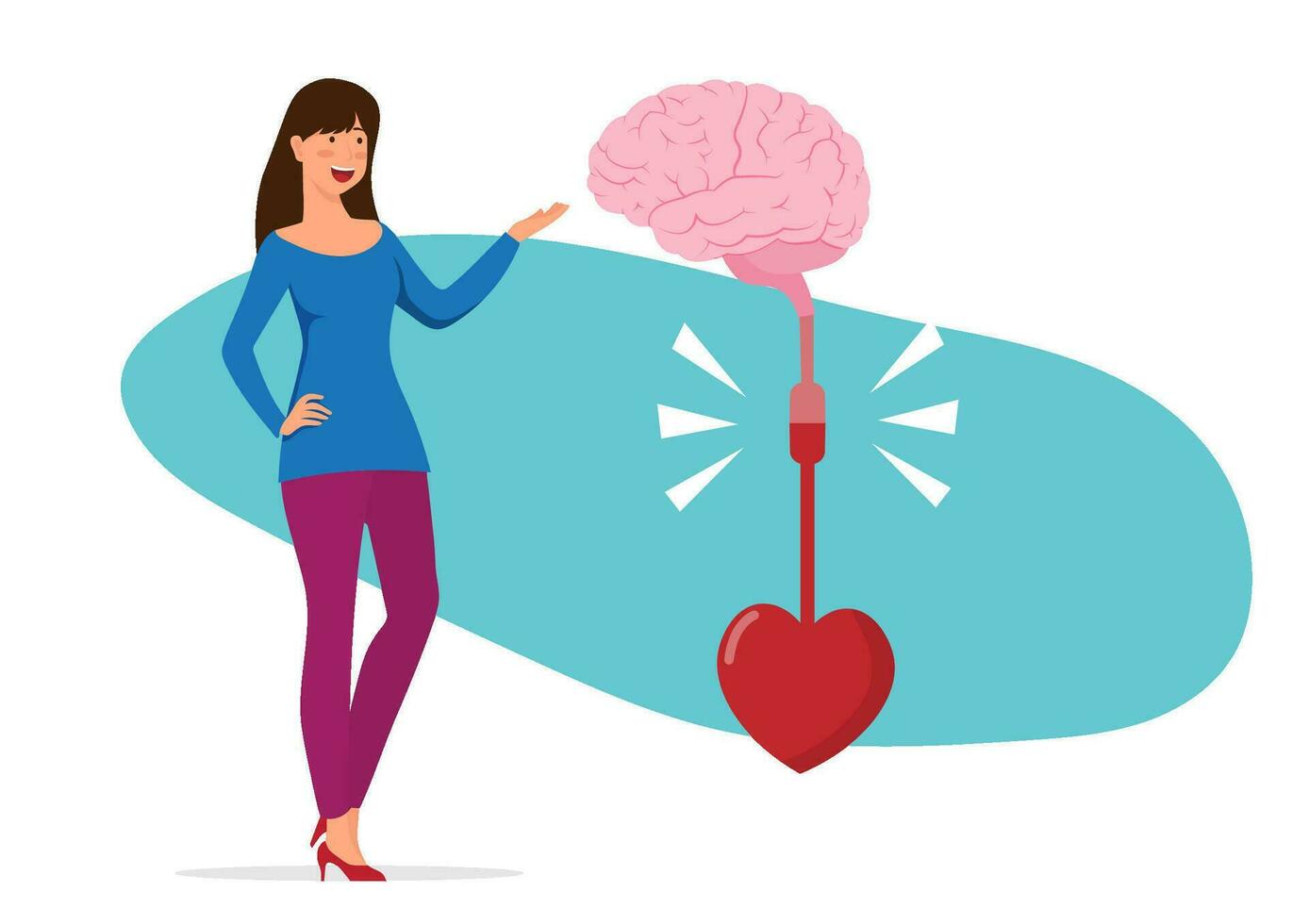 il cervello e cuore siamo collegato elettricamente. logico pensiero e emozioni il femmina personaggi dimostrare il connessione fra il cuore e il cervello. vettore illustrazione