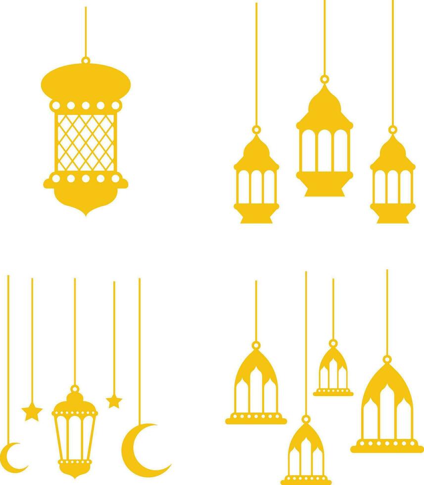 lanterna Ramadan decorazione. musulmano ornamentale sospeso oro lanterne, stelle e Luna vettore illustrazione. tradizionale musulmano vacanza lanterne