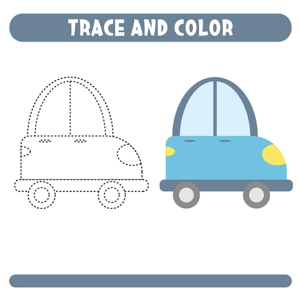 tracciare e colore carino cartone animato blu macchina. foglio di lavoro per bambini vettore