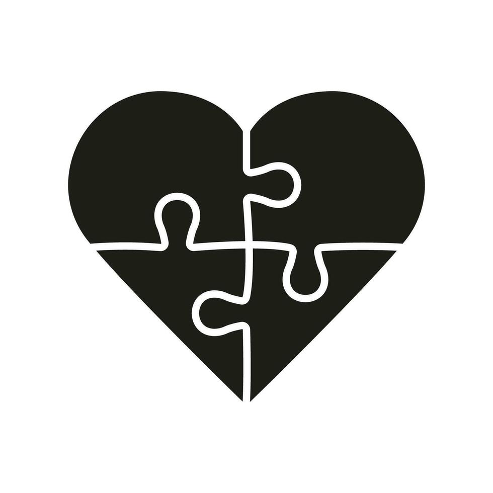 puzzle pezzi incontro insieme glifo pittogramma. umano relazioni, amore, armonia, famiglia unione concetto. sega nel cuore forma silhouette icona. romanza incontri solido cartello. isolato vettore illustrazione.