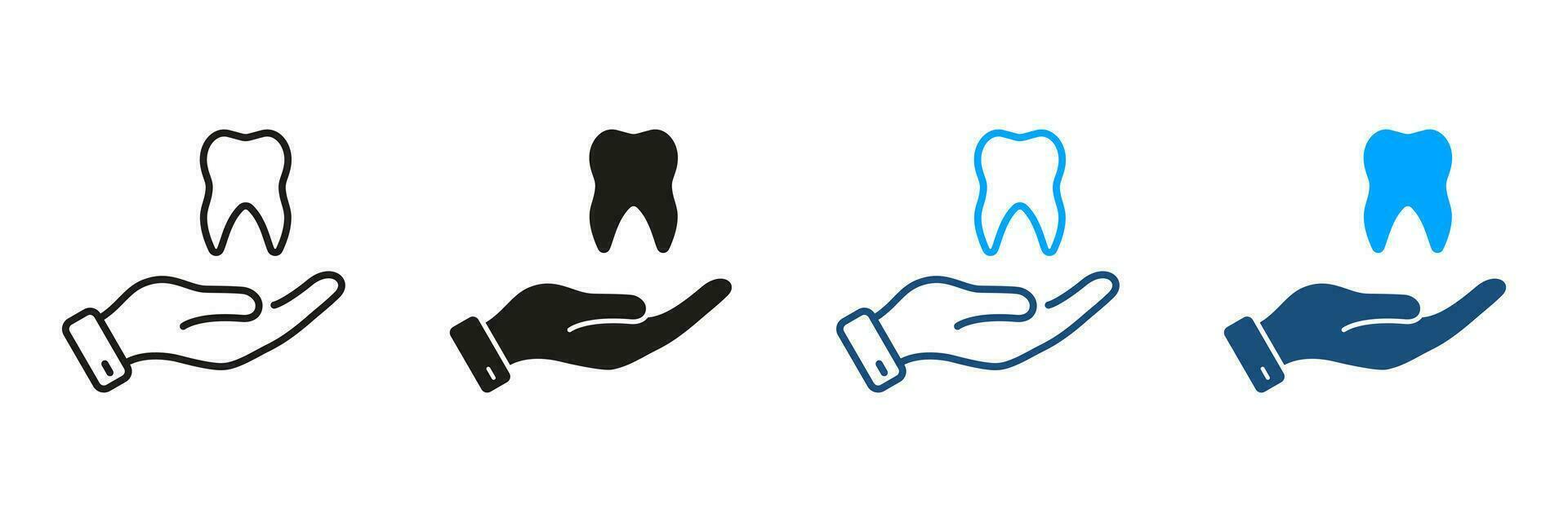 dentale trattamento, stomatologia protezione pittogramma. dente e umano mano. dentale cura silhouette e linea icone impostare. odontoiatria, dentista supporto simbolo collezione. isolato vettore illustrazione.