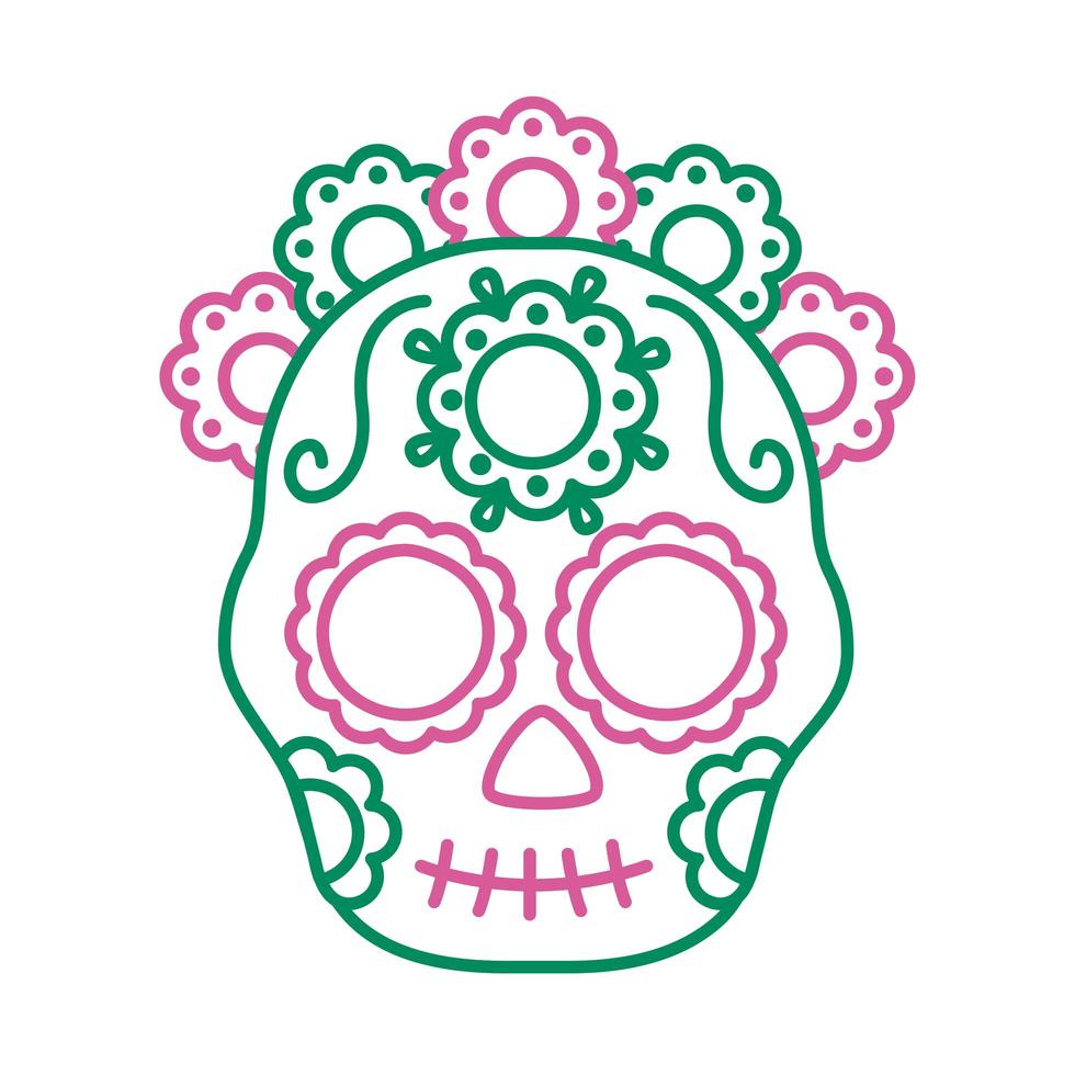 testa di teschio messicano tradizionale con stile linea di fiori vettore