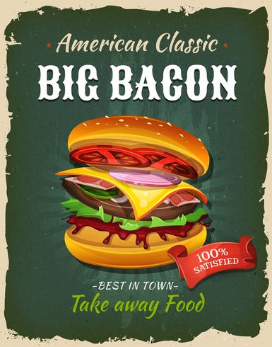Poster di hamburger di pancetta affumicata retrò fast food vettore