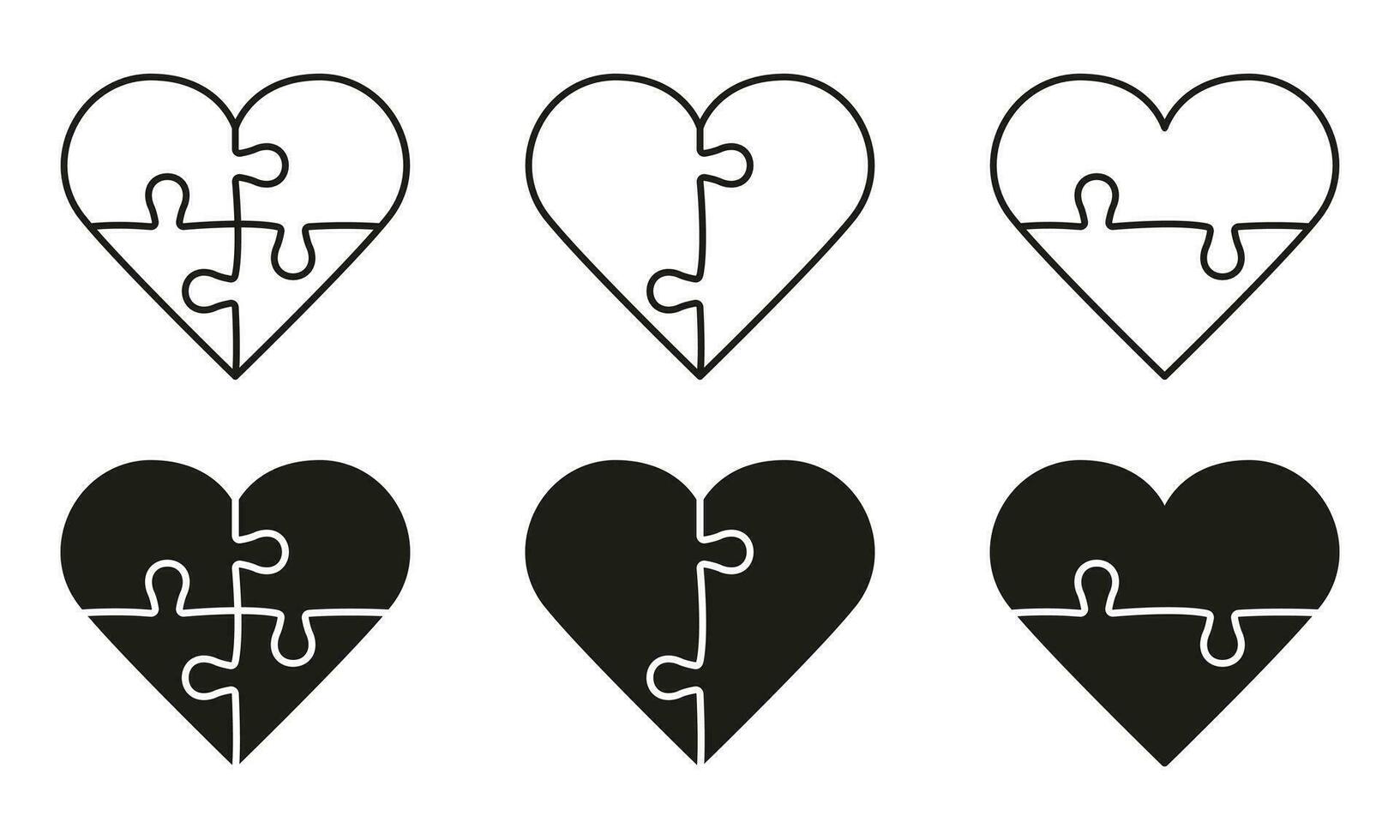 sega pezzi incontro insieme nel cuore forma linea e silhouette icona impostare. puzzle combinazione pittogramma. saluto amore carta per San Valentino giorno simbolo collezione. isolato vettore illustrazione.