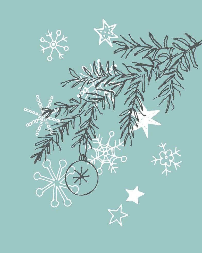 Natale albero con giocattoli e i fiocchi di neve per contento nuovo anno saluti minimalista stile vettore illustrazione. inchiostro disegnato festivo modello per Congratulazioni su il inverno vacanze. boho stile sfondo