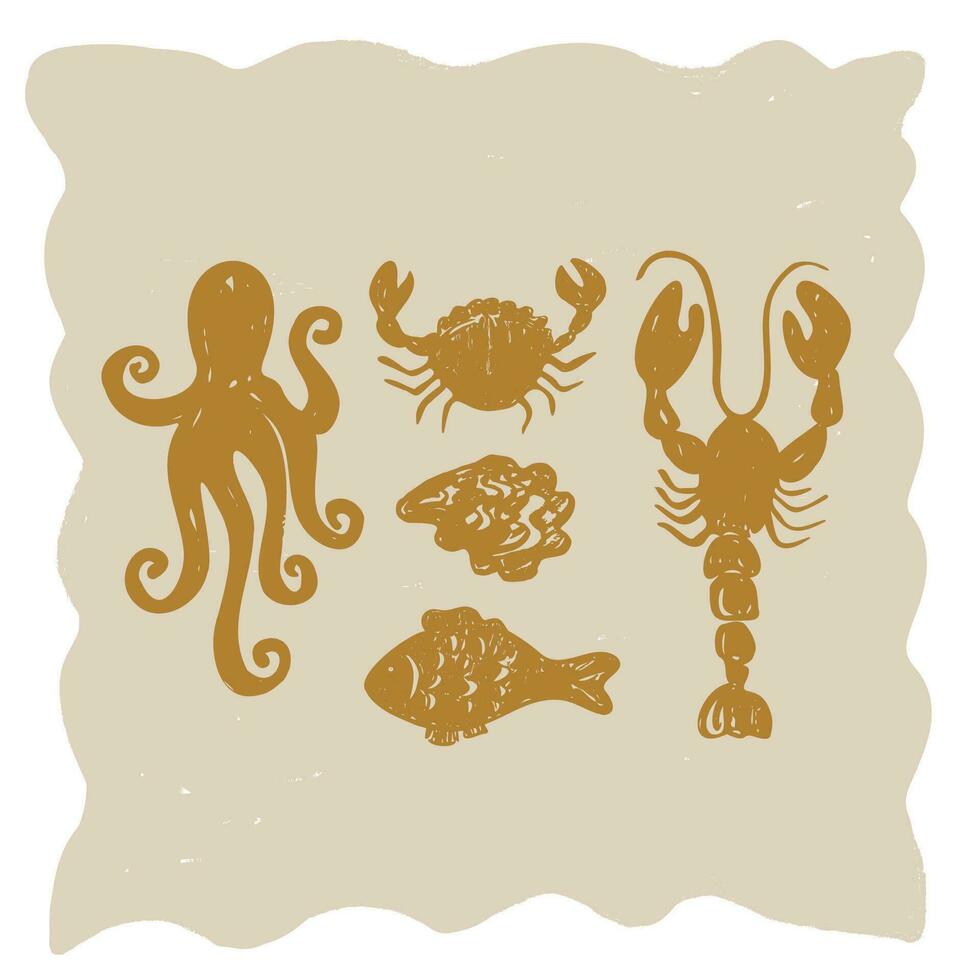 frutti di mare con Granchi, aragoste, pesce, calamari e struttura sfondo. mare mollusco disegnato inchiostro vettore illustrazione grunge stile. design elemento con struttura per modello, volantino, confezione, menù, cartolina