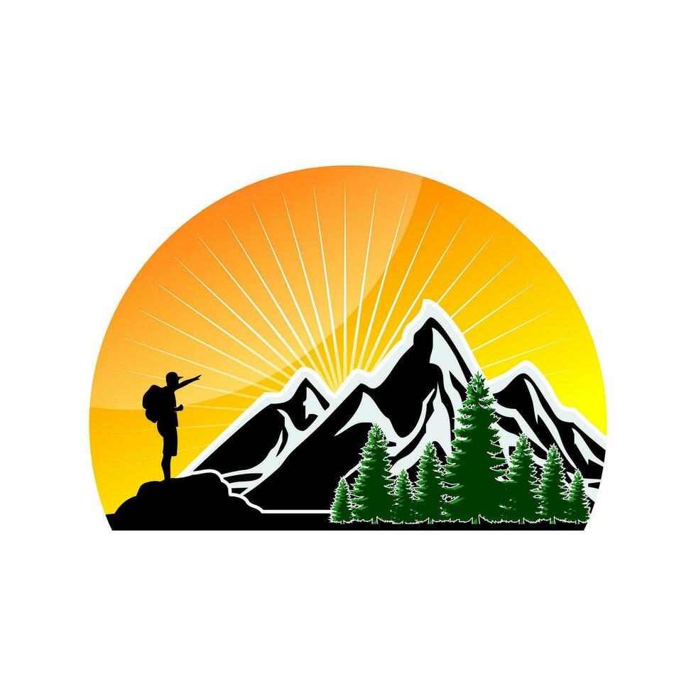 logo illustrazione di un' scalatore guardare a il montagna vettore