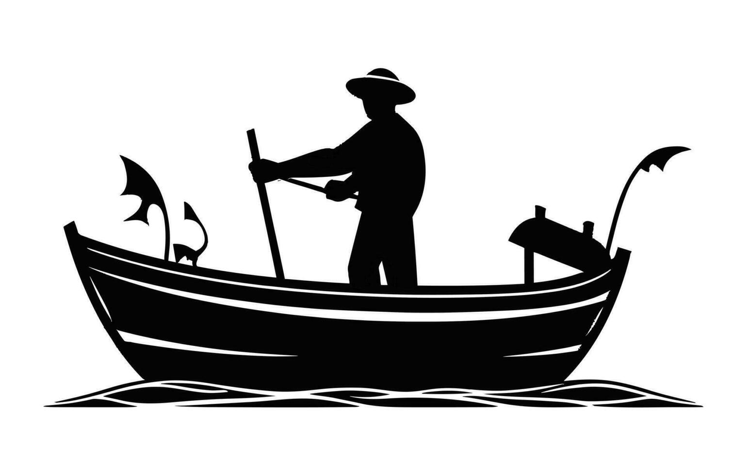 fiume pesca barca e pescatore, pescatore nel un' barca sagoma, pescatore barca icona logo, vettore