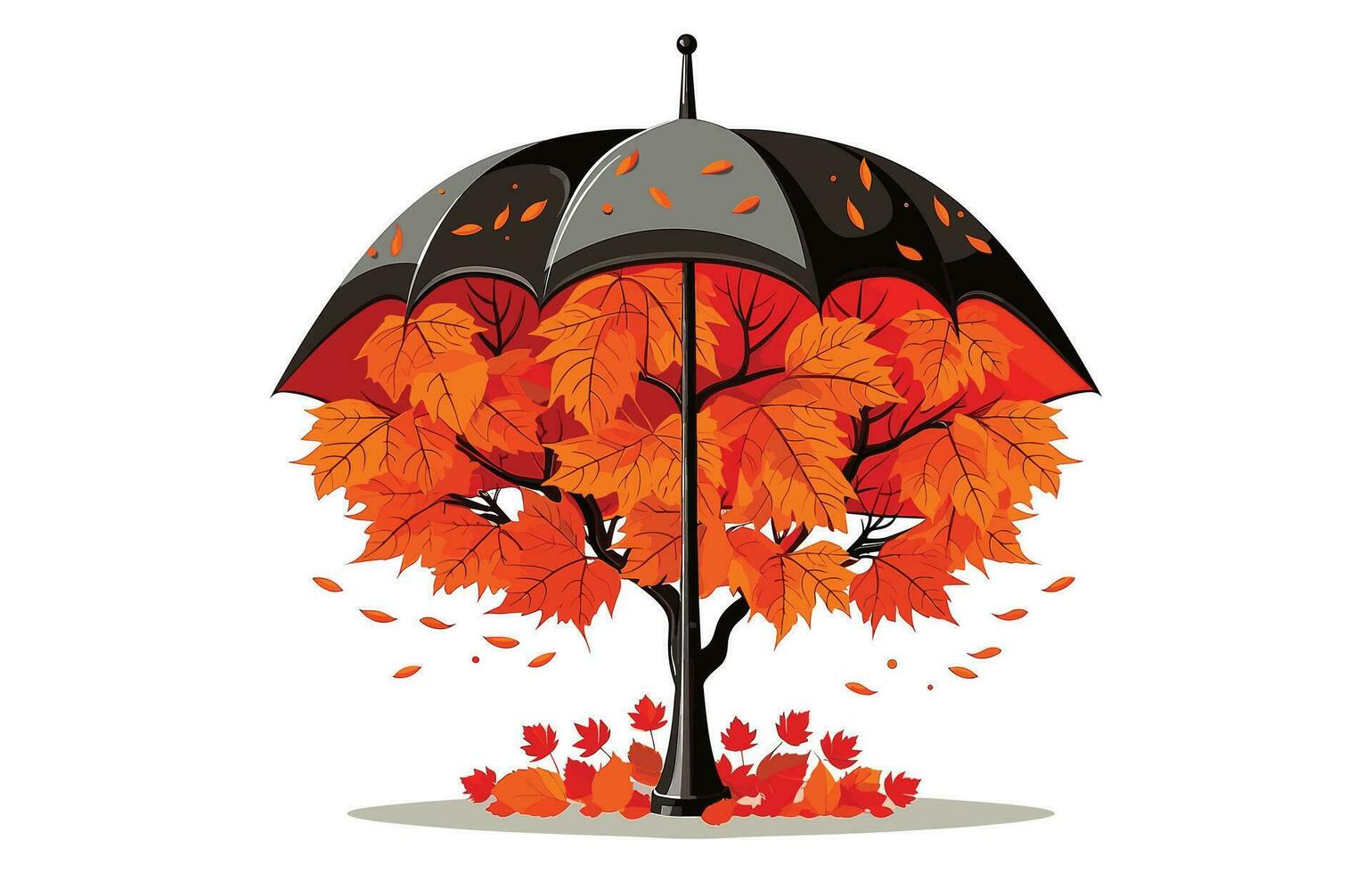 autunno ombrello vettore illustrazione, autunno autunno, le foglie di quercia, Castagna, nocciola nel un ombrello con il iscrizione Ciao autunno