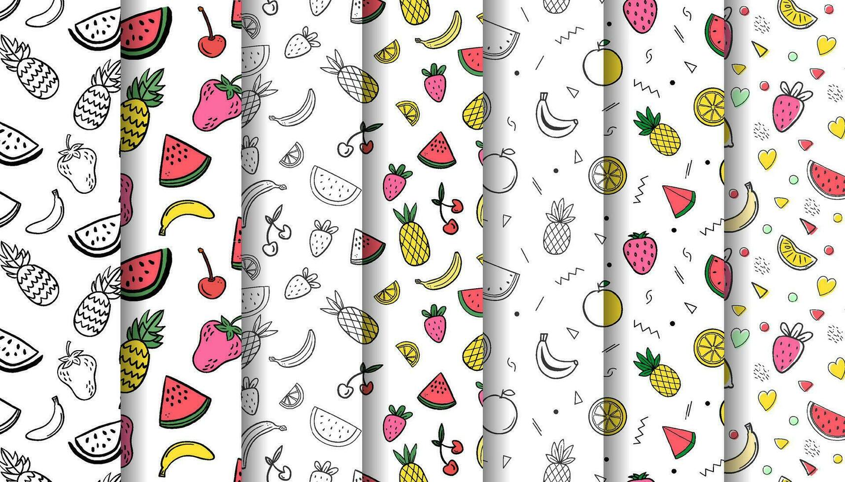 mano disegnato estate modello collezione con frutta anguria ciliegia ananas Banana fragola vettore